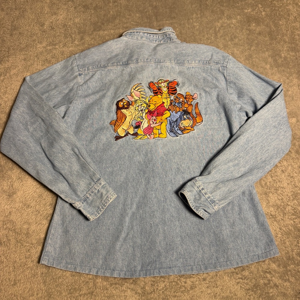 Vintage Disney Store Size L Pooh and Friends Embroidered Denim Button Down Shirt